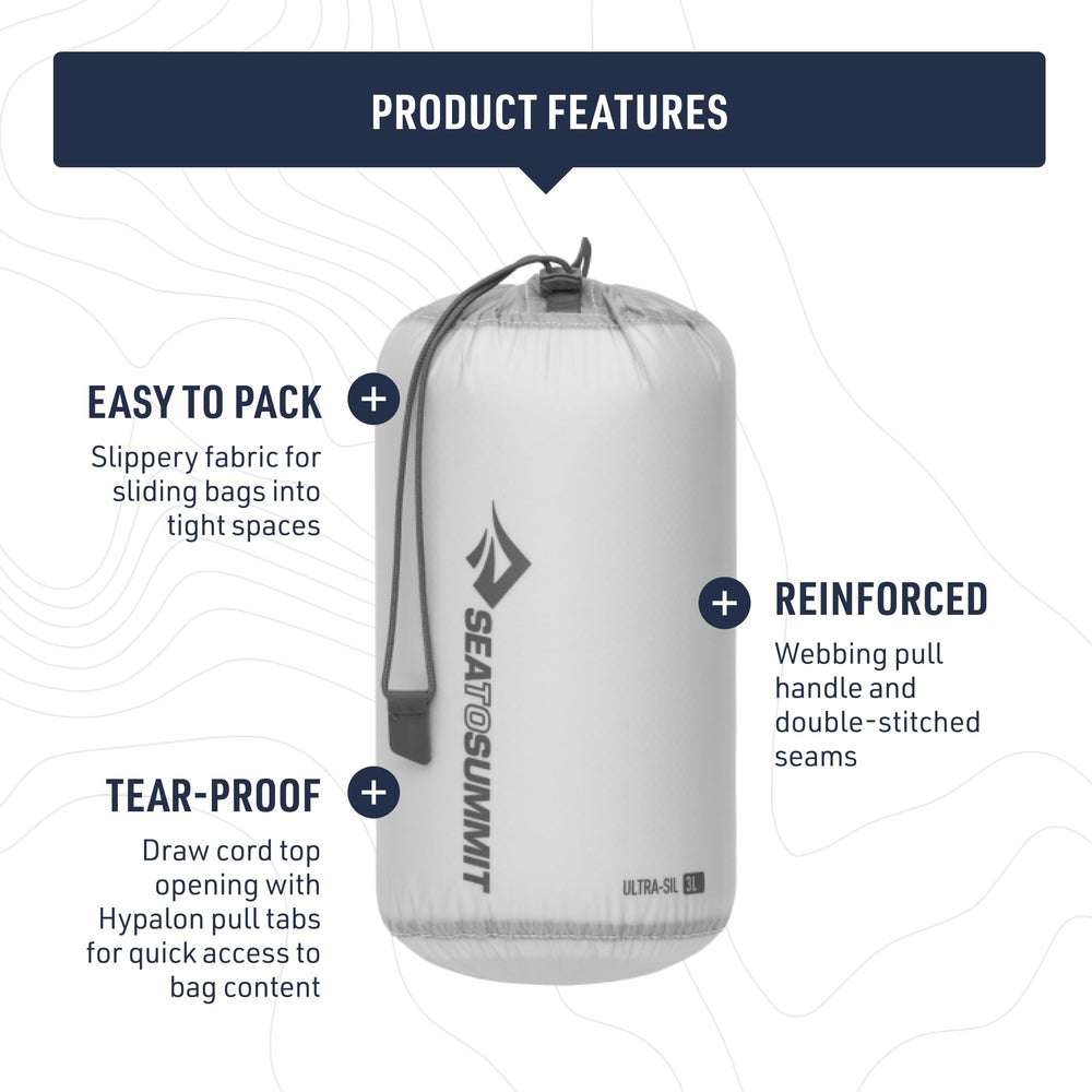 Sea to Summit Ultra-SIL Stuff Sack uses a drawcord with Capture Lock for easy access.