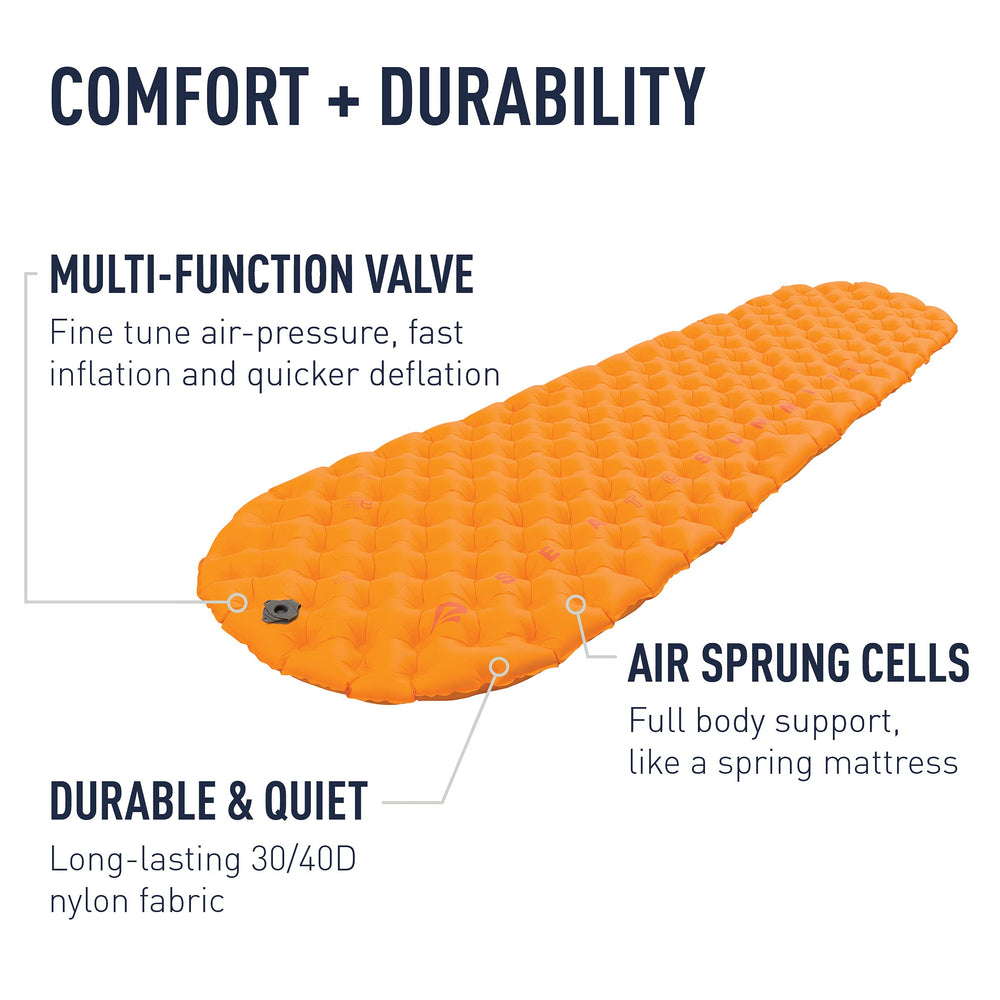 Sea to Summit ultralight insulated sleeping pad with stuff sack for easy packing.