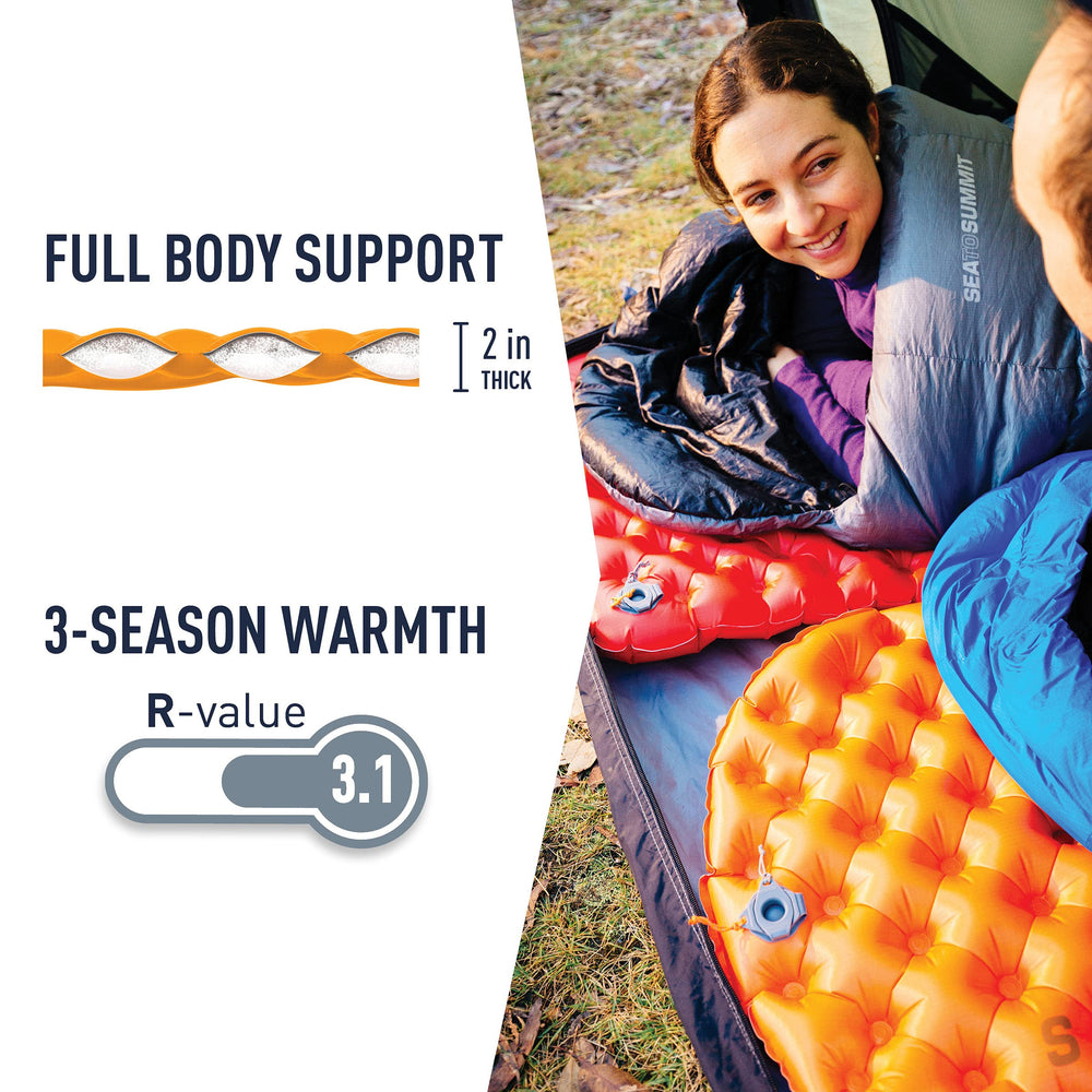 Sea to Summit ultralight insulated sleeping pad reflective fabric reduces heat loss.