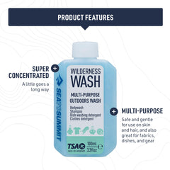 Sea to Summit Wilderness Wash multi-use soap demonstrates skin and gear cleaning versatility.