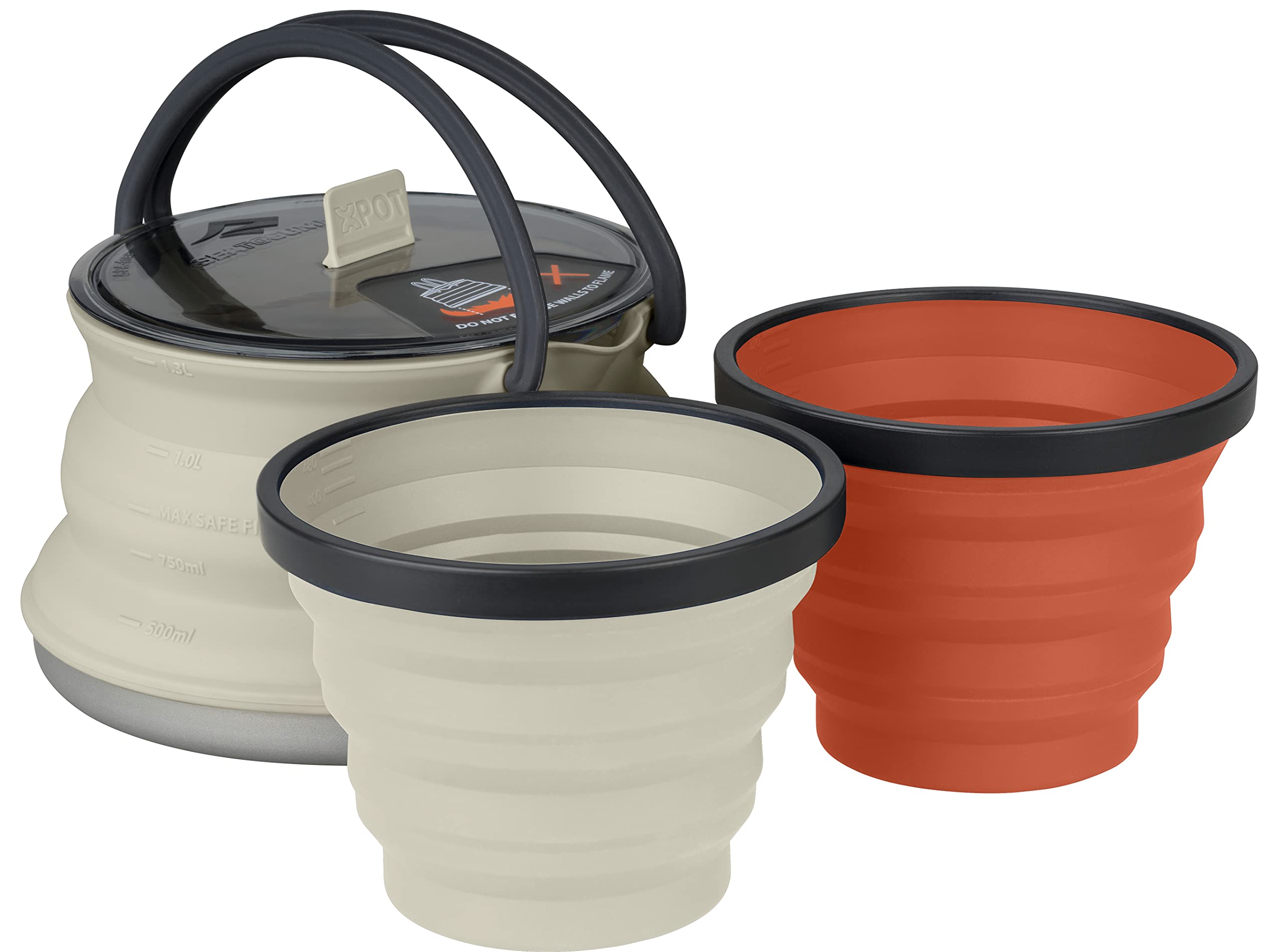 Sea to Summit X-Pot collapsible kettle in sand and rust for lightweight backcountry cooking.