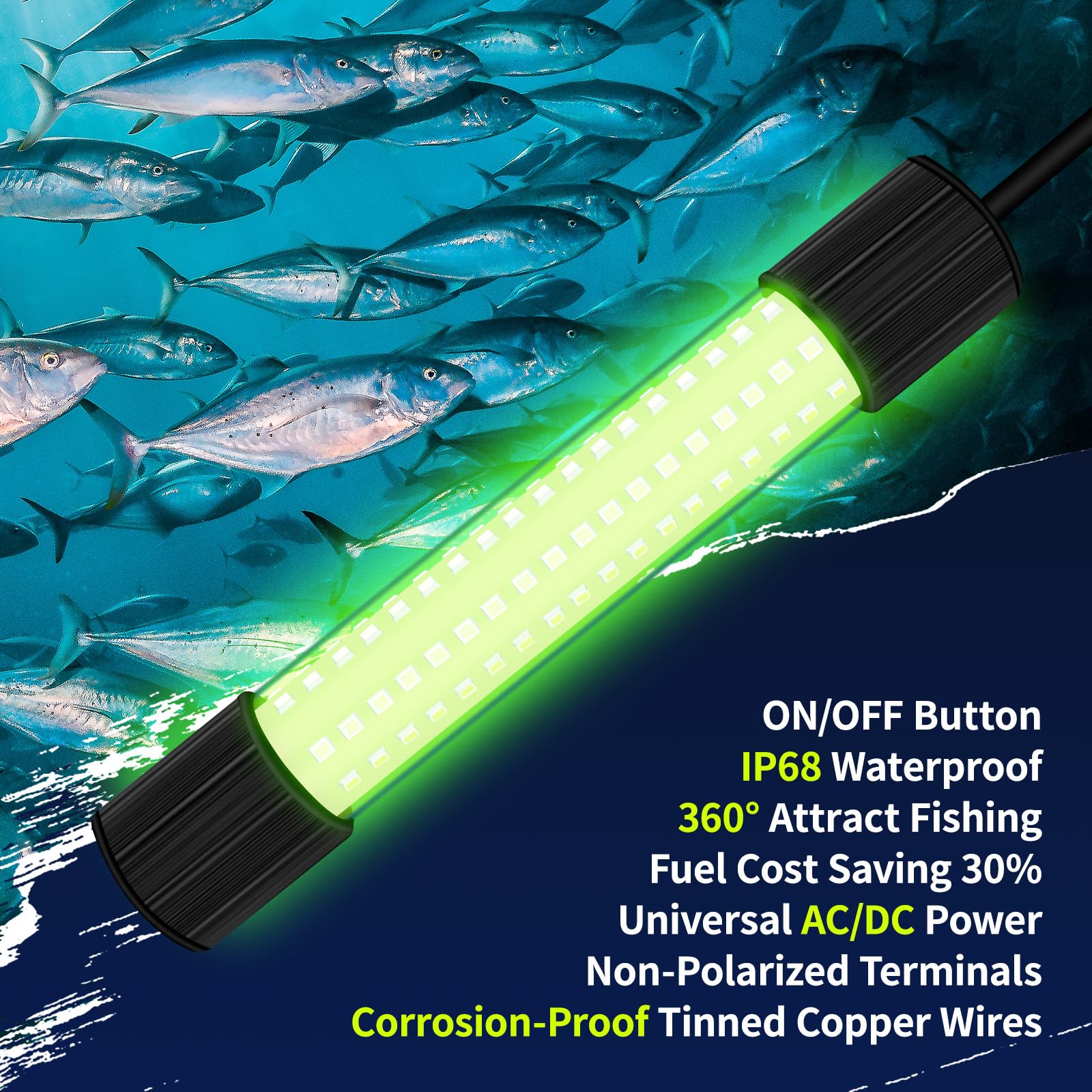 In use on dock, boat, or kayak for night fishing