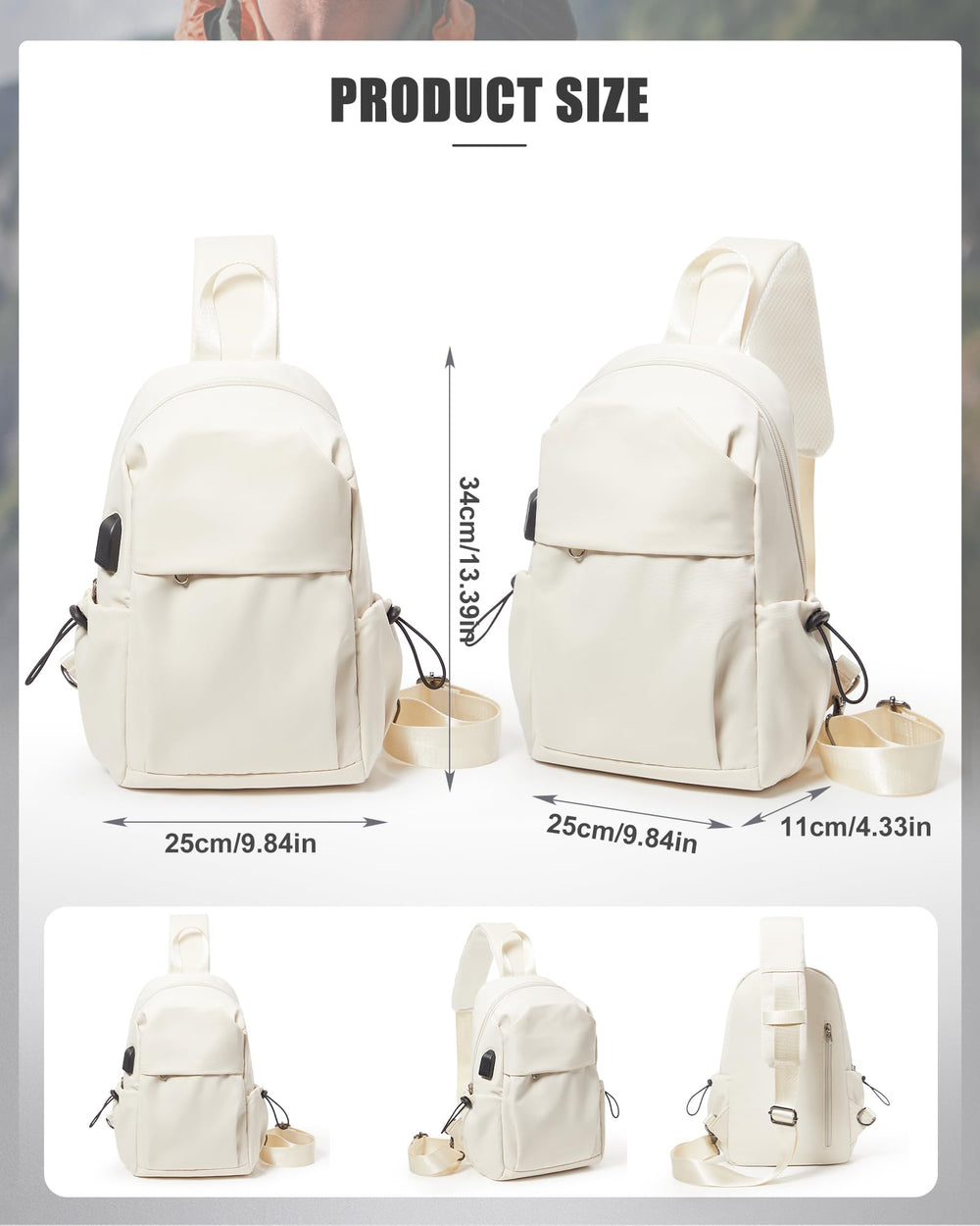 SEAFEW sling bag USB port enables on-the-go device charging.