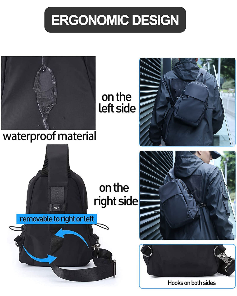SEAFEW waterproof nylon sling bag, durable protection in rain.