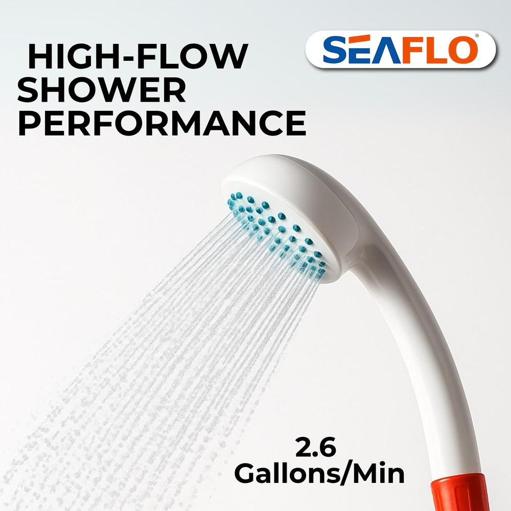 SEAFLO battery-powered shower with 40-minute runtime on full charge