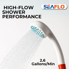 SEAFLO battery-powered shower with 40-minute runtime on full charge