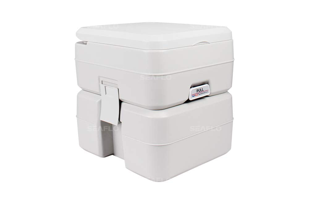 SEAFLO portable toilet camping scene illustrating simple setup during outdoor adventures