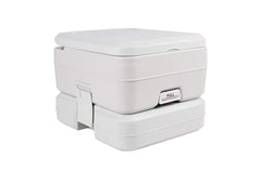 SEAFLO portable toilet during camping setup highlighting 2.6 gallon capacity