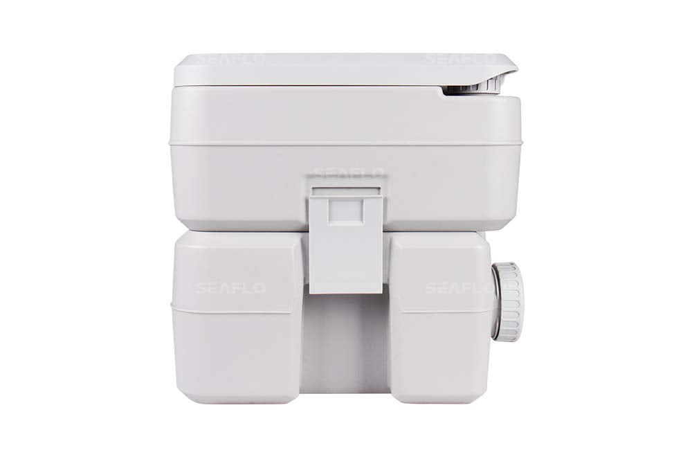 SEAFLO handle lock on portable toilet showing secure side locks for tank attachment