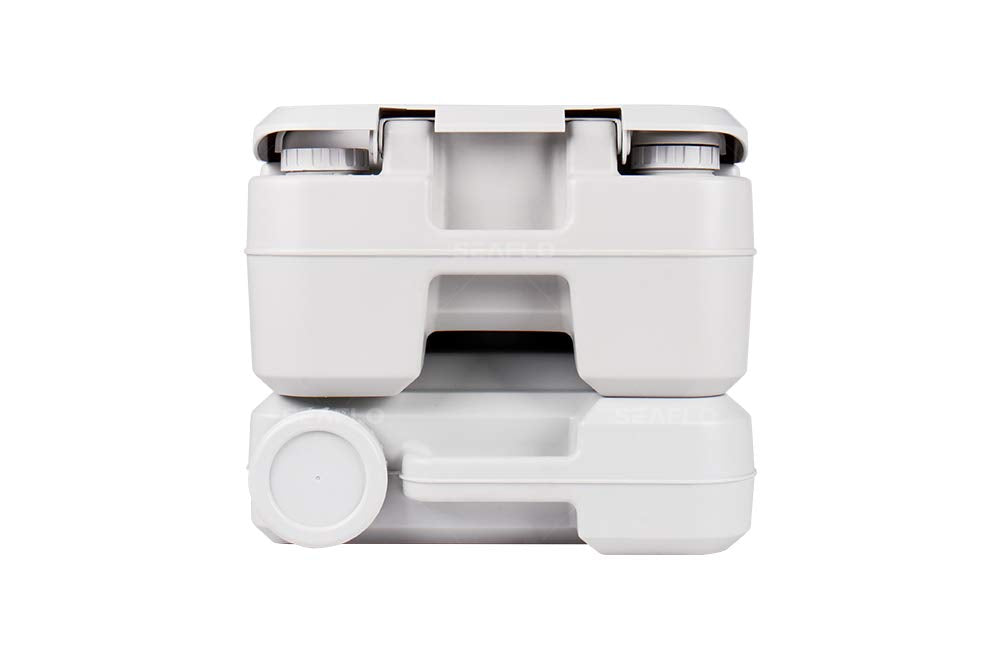 SEAFLO portable toilet with side-locking handles securing the tank