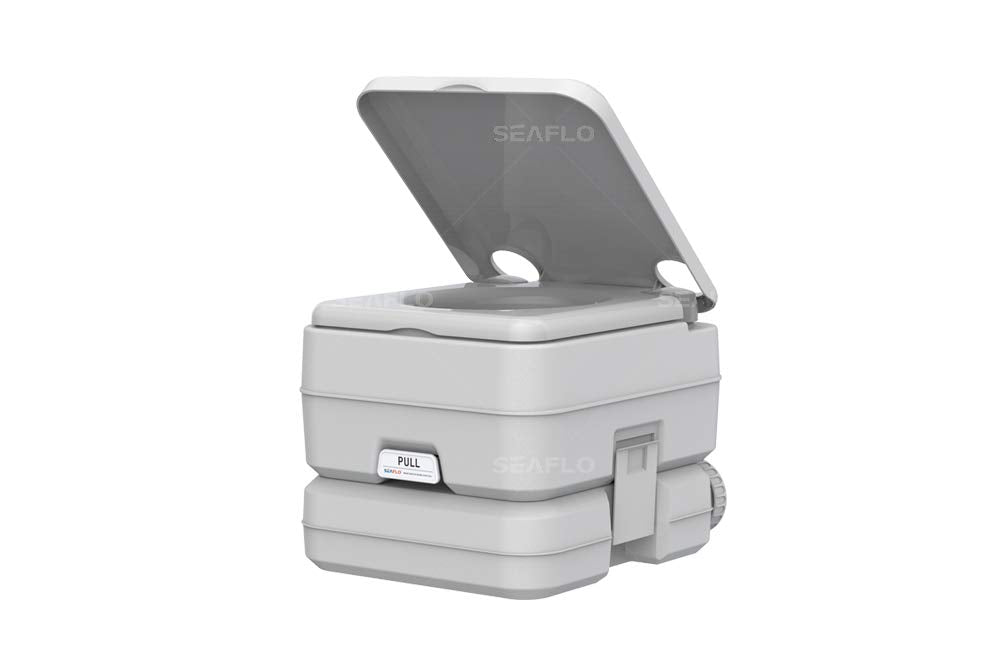 SEAFLO portable toilet on a boat showing compact self-contained sanitation for marine use