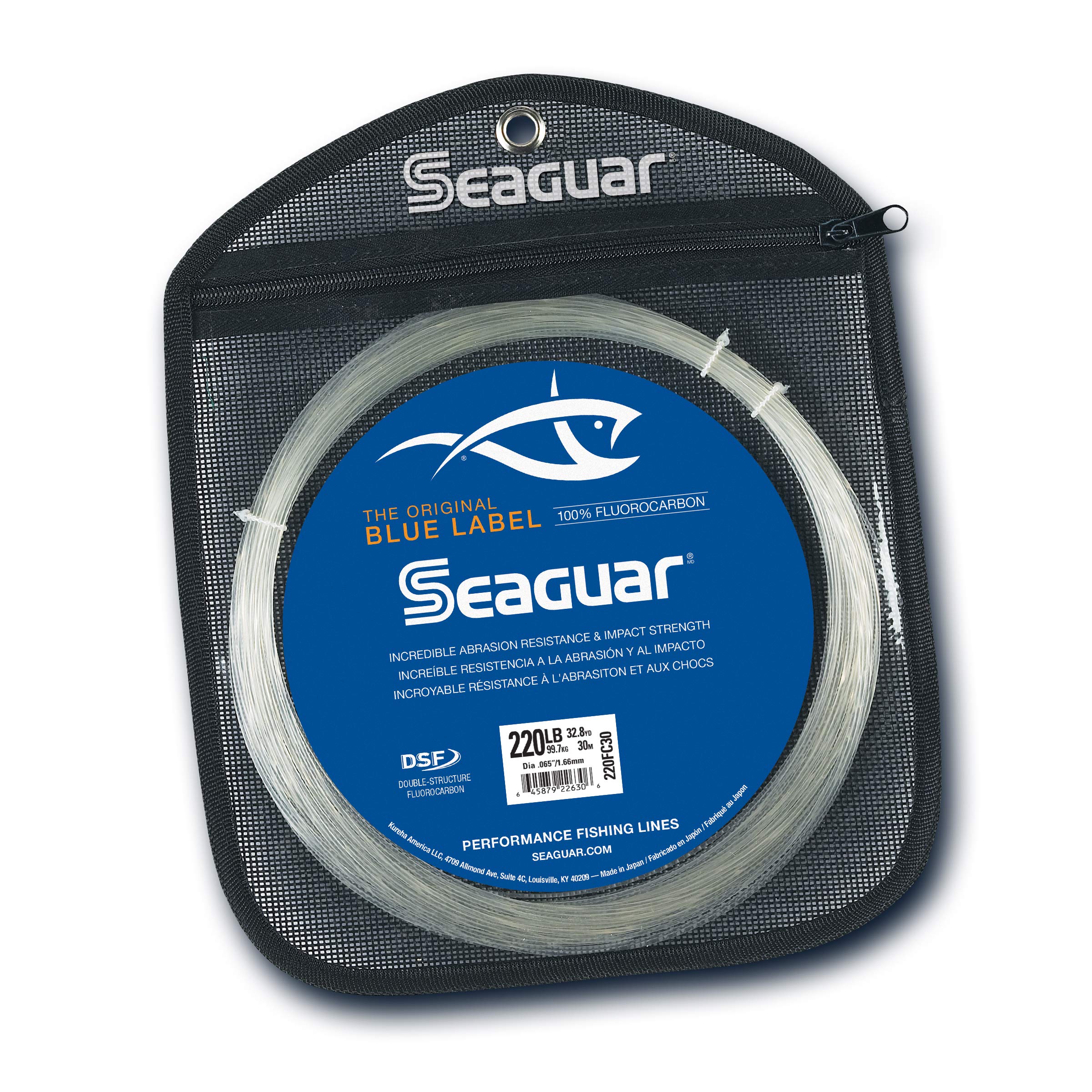 Seaguar Blue Label 30-yard fluorocarbon leader, 220 lb, clear, for big game in fresh and saltwater