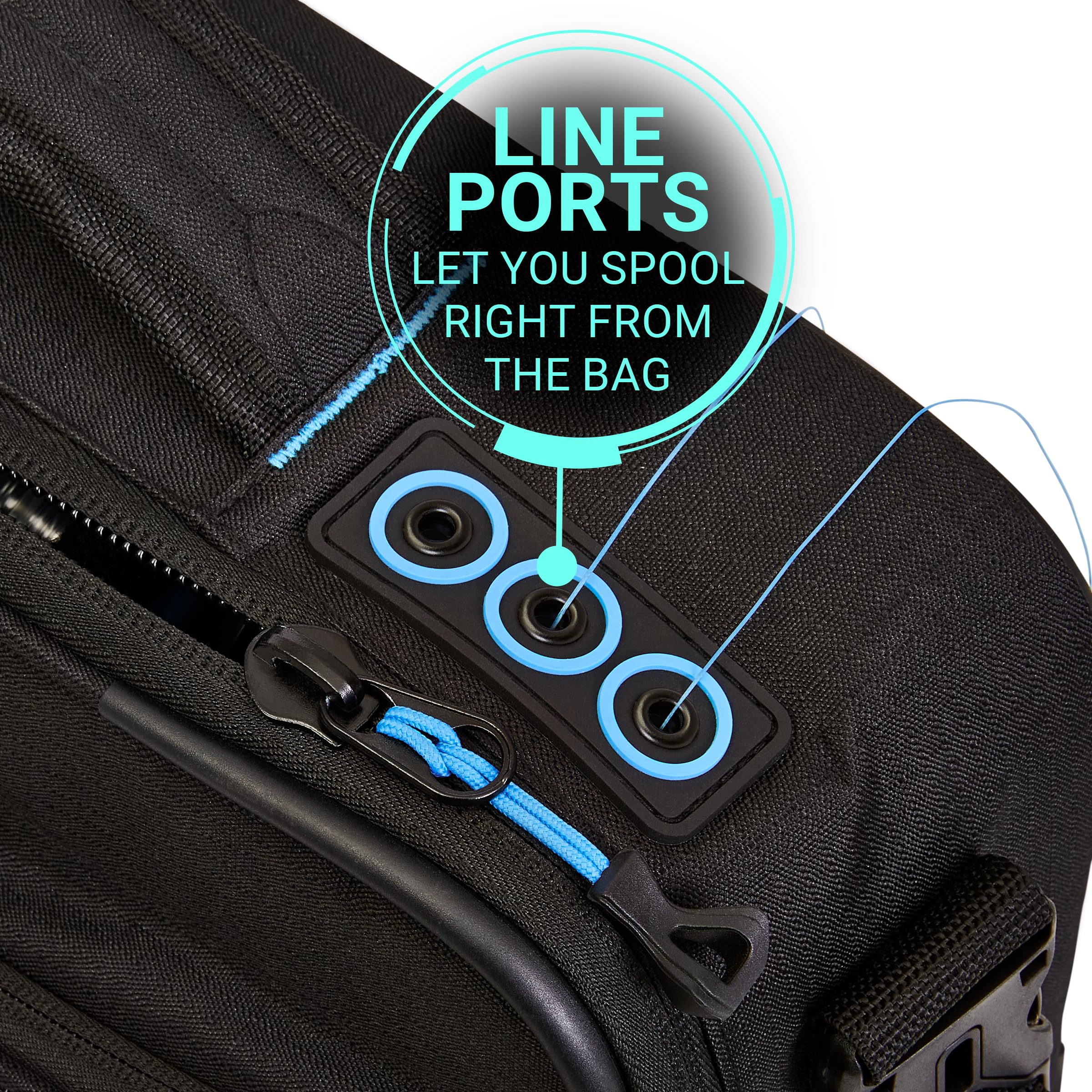 Inside view shows adjustable dividers and rubberized line ports for spooling.