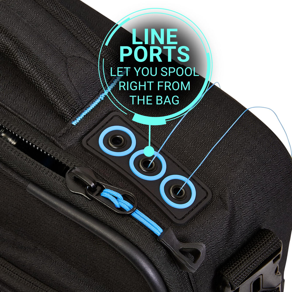 Inside view shows adjustable dividers and rubberized line ports for spooling.