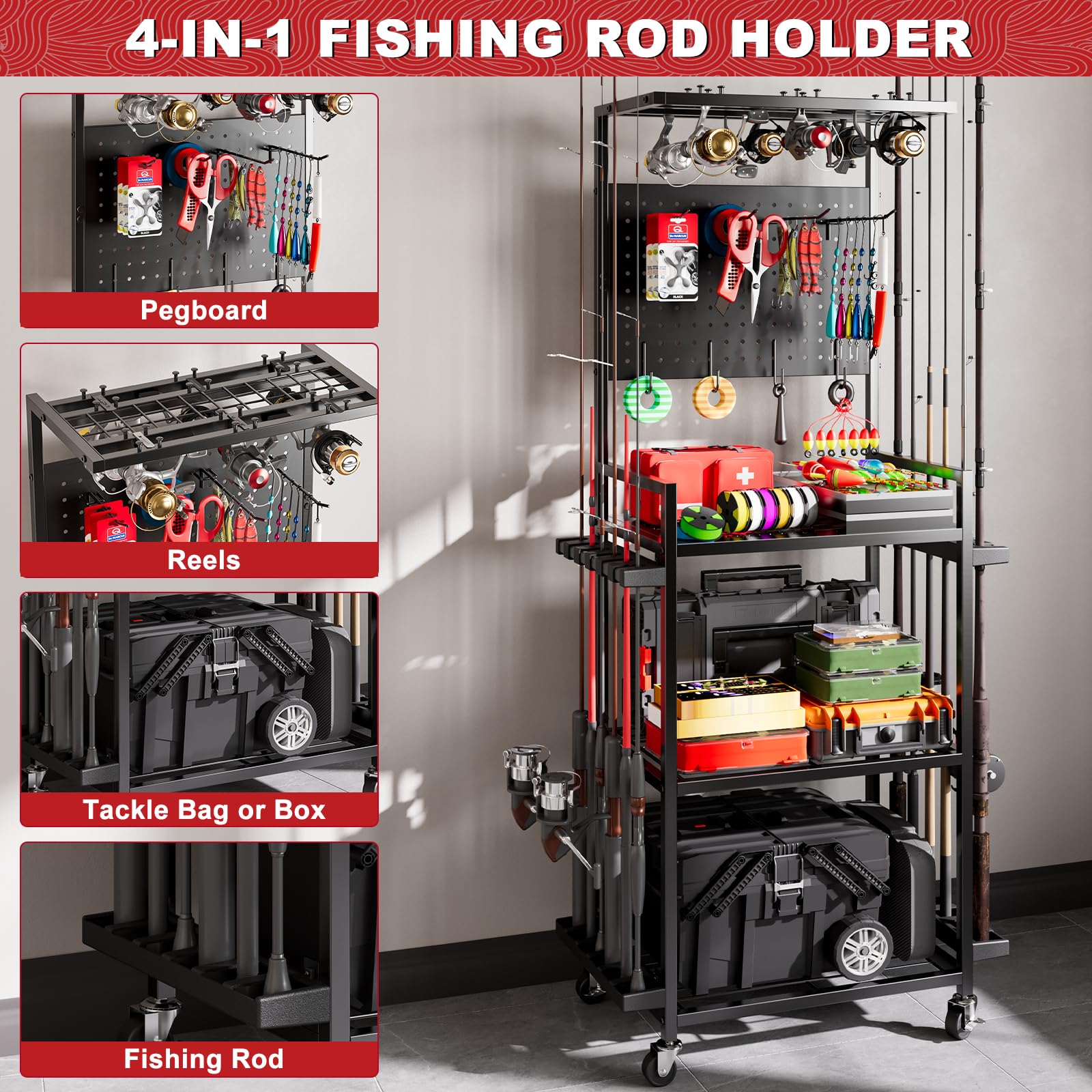 SEEAHEAD top-rod-reel-storage close-up highlights dedicated space for reels and rods.