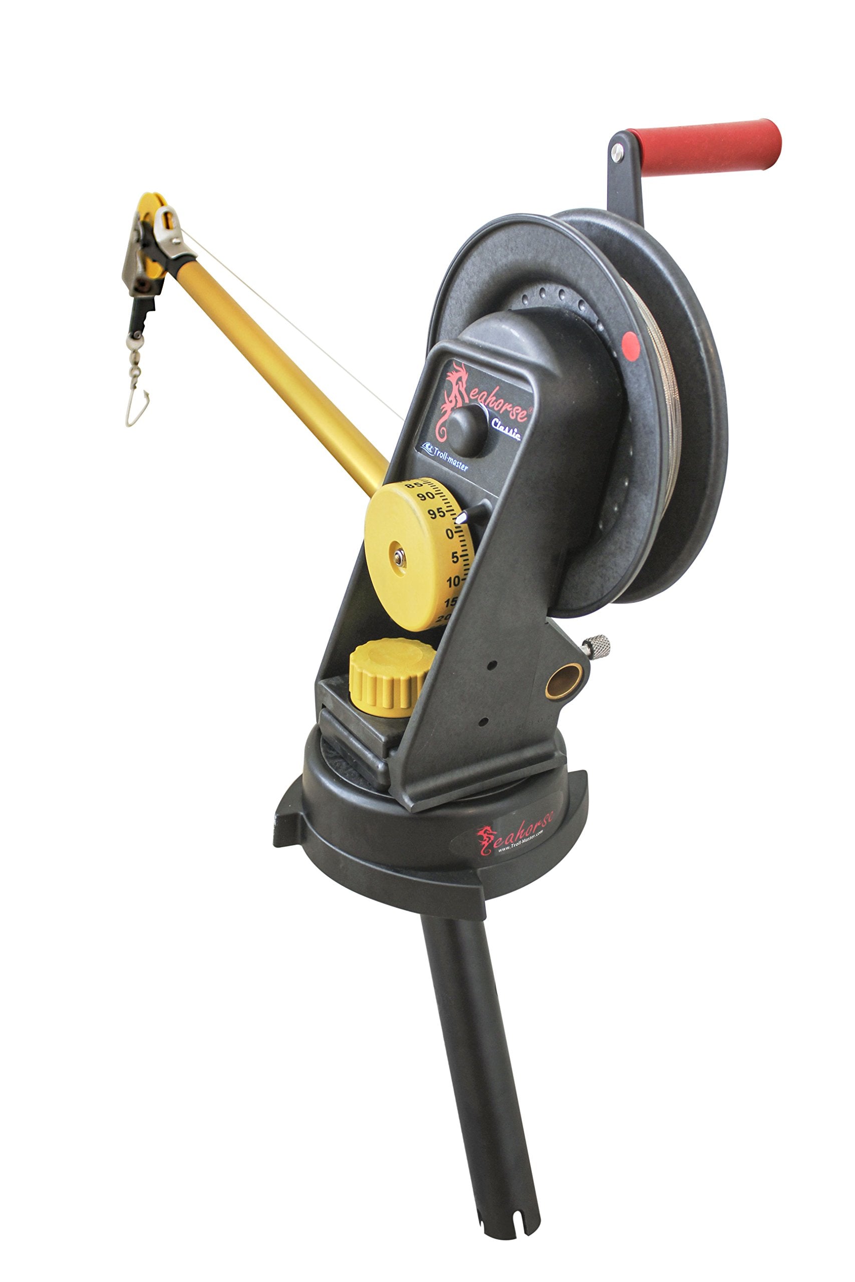 Seahorse manual downrigger with swivel base showing 360° rotation for flexible rigging