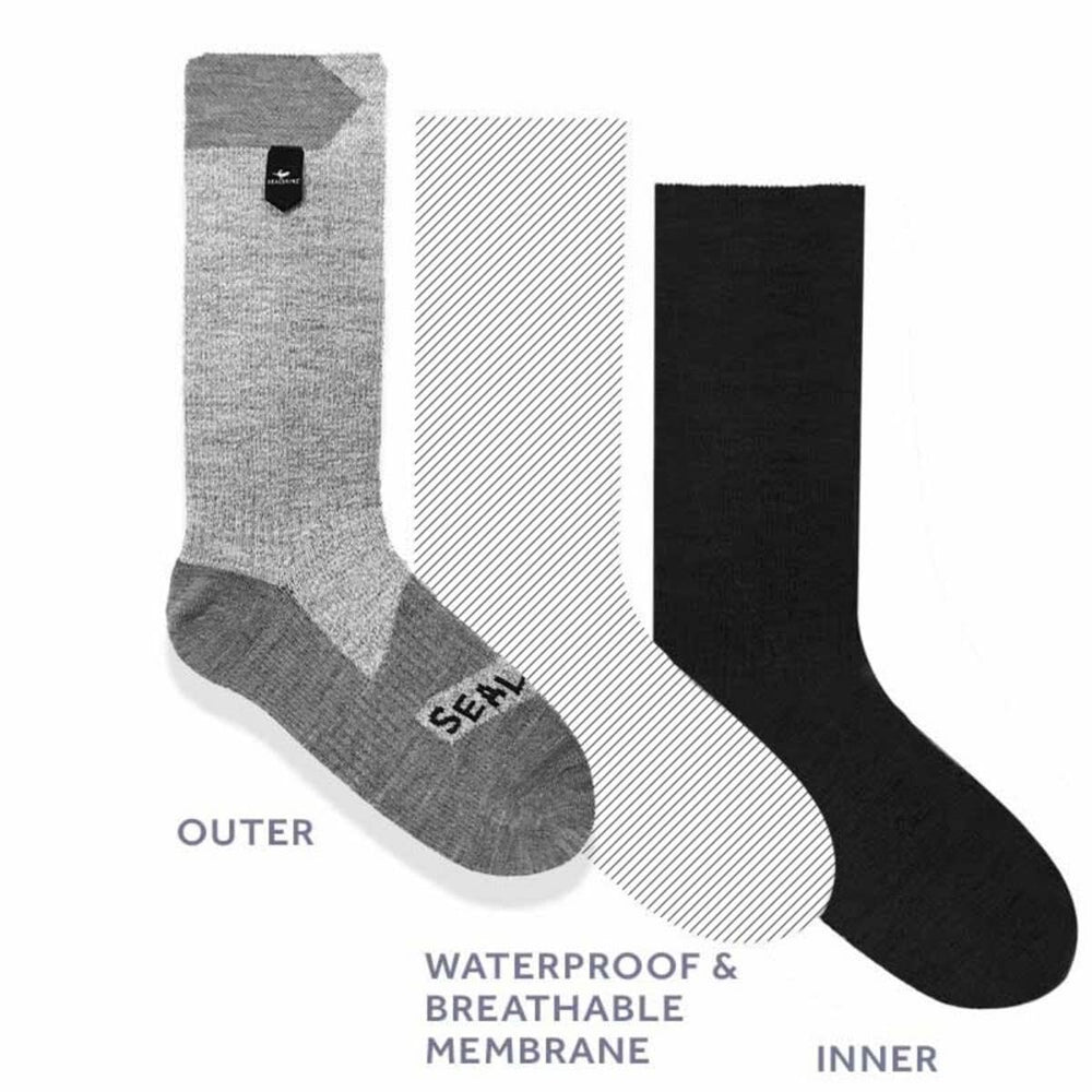 SEALSKINZ waterproof warm weather ankle socks in use during rain for cycling or hiking