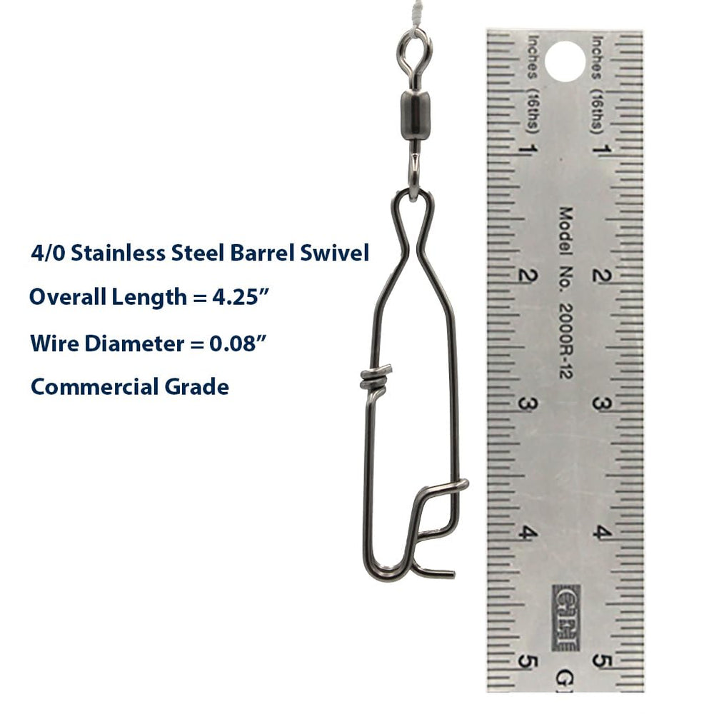 SeaQualizer longline snaps 4-0 barrel swivel close-up demonstrating secure connection