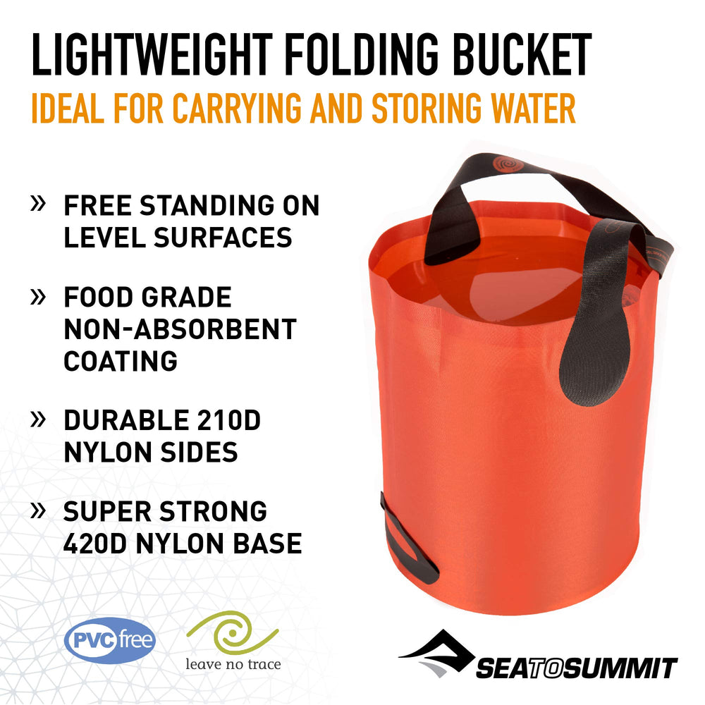 Sea to Summit folding bucket free-standing design for hands-free water access at the site.