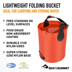 Sea to Summit folding bucket free-standing design for hands-free water access at the site.