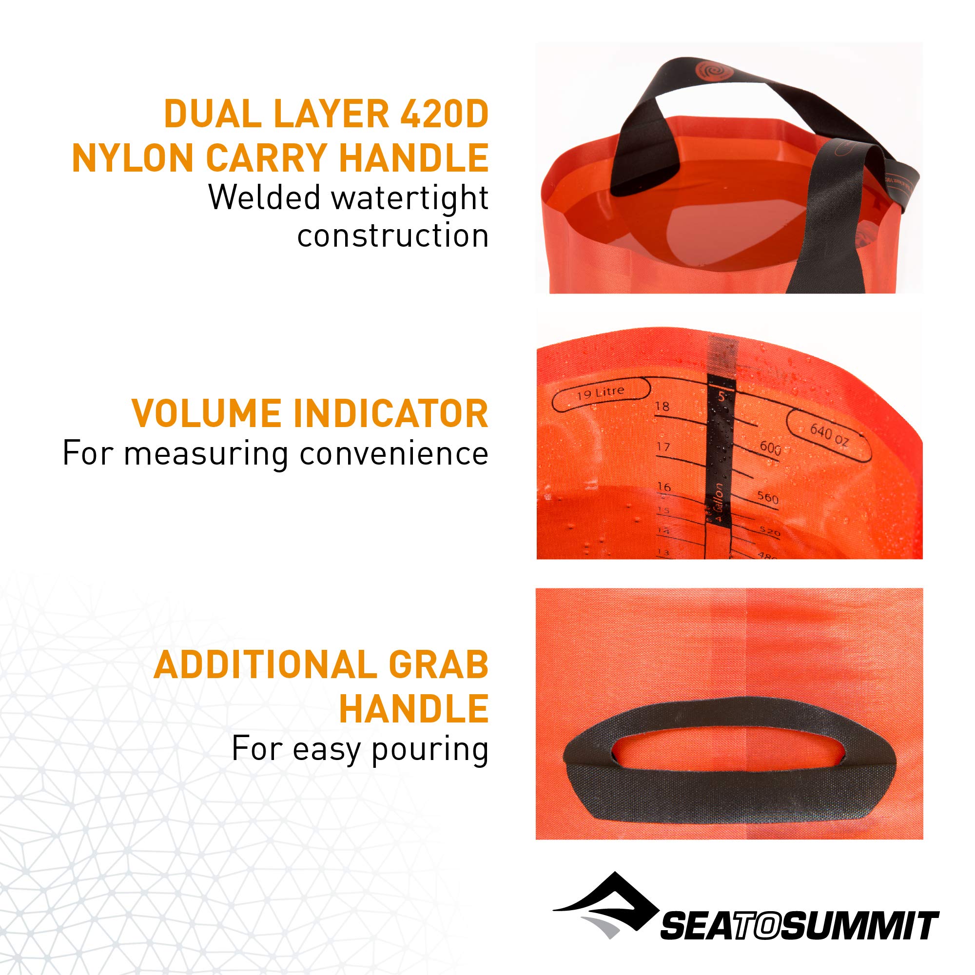 Sea to Summit folding bucket with welded nylon handle for easy pouring.