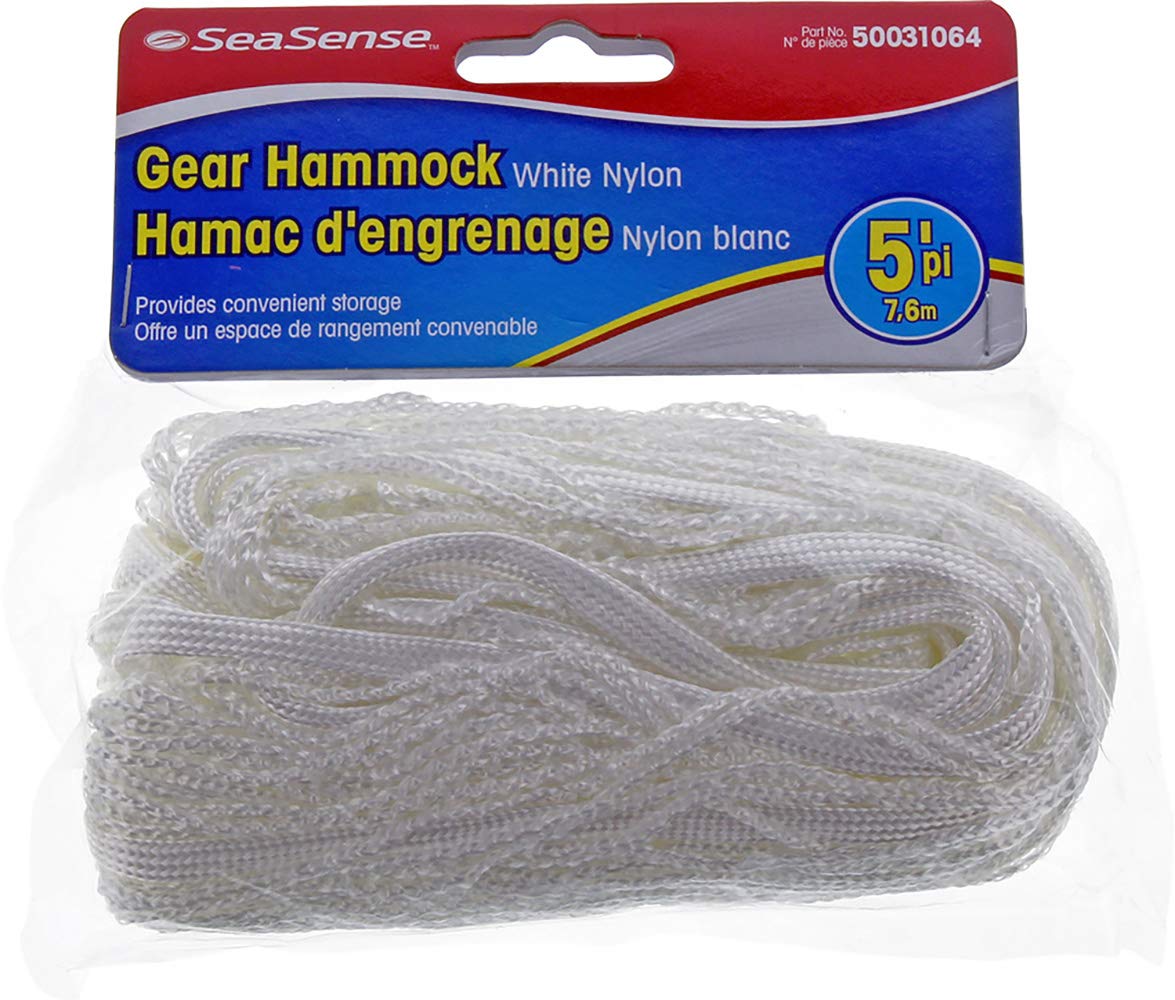 SeaSense nylon gear hammock hanging in a cabin for organized storage.