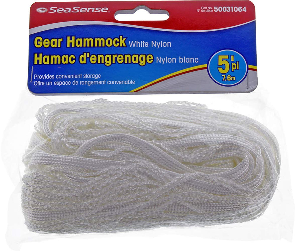 SeaSense nylon gear hammock hanging in a cabin for organized storage.