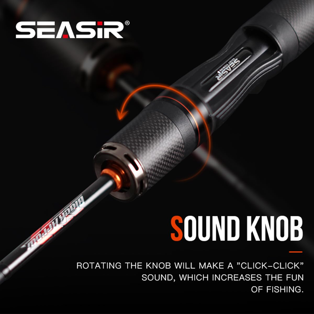 SEASIR Black Arrow ultralight rod reel seat close-up with sound-knob feature.