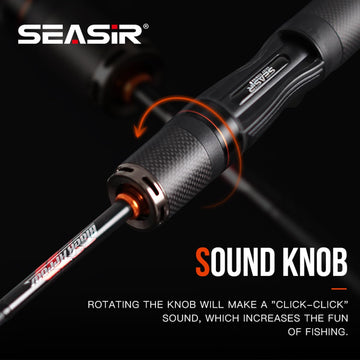 SEASIR Black Arrow ultralight rod reel seat close-up with sound-knob feature.