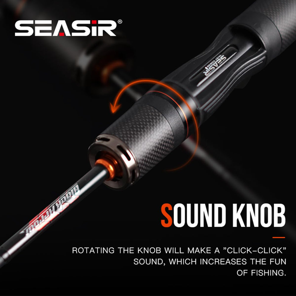 SEASIR Black Arrow ultralight rod reel seat close-up with sound-knob feature.