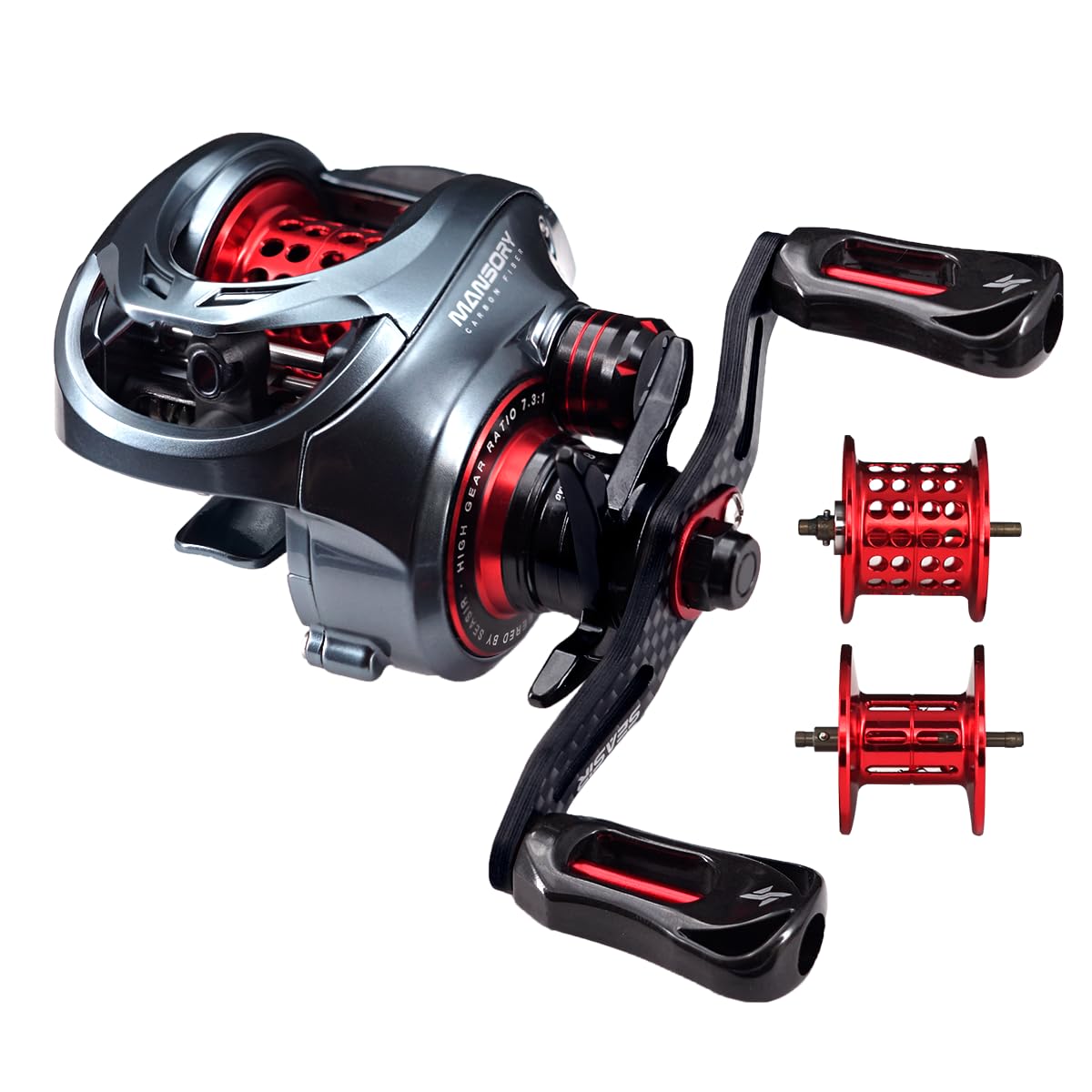 SEASIR Mansory baitcaster reel front view showcases ultra-light carbon fiber frame for long casting