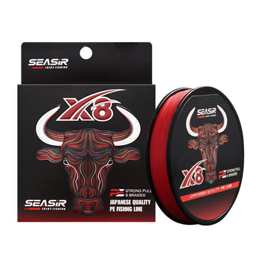 SEASIR X8 braided fishing line close-up showing 8 strands and 150m spool
