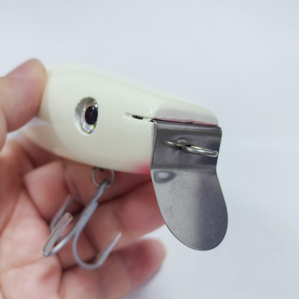 Close-up of SEASKY wood lure showing stainless steel diving lip and glow coating
