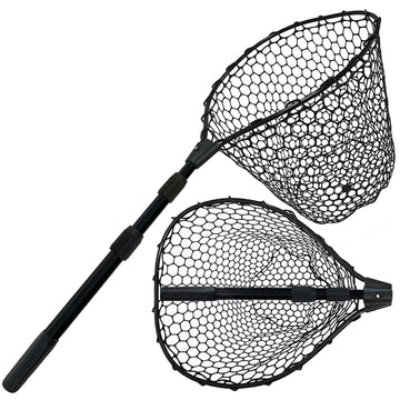 SEASPRO black telescoping fishing net with extended handle reaching distant spots for easier retrieval.