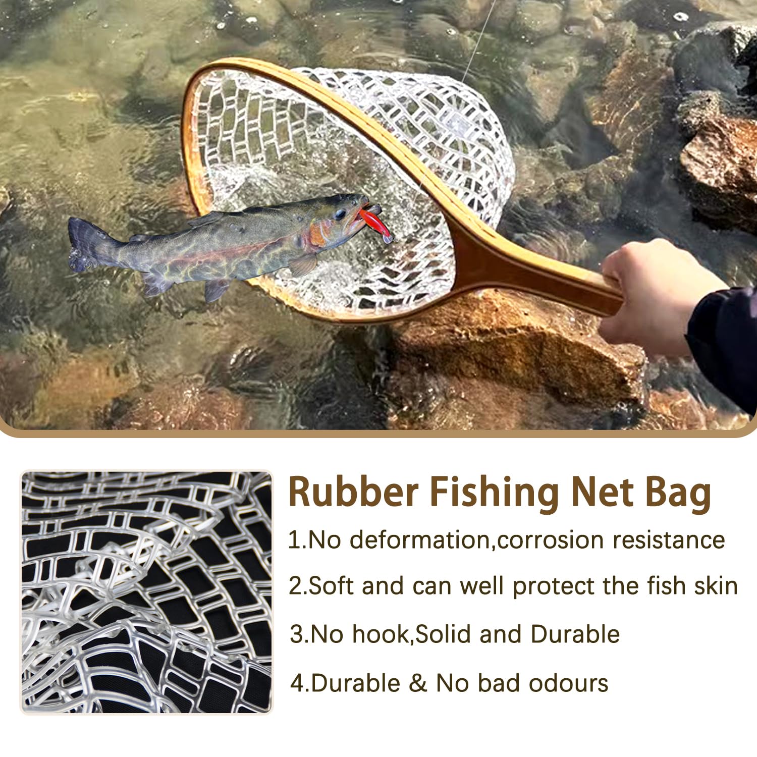 Close-up of rubber mesh holes preventing fish from slipping