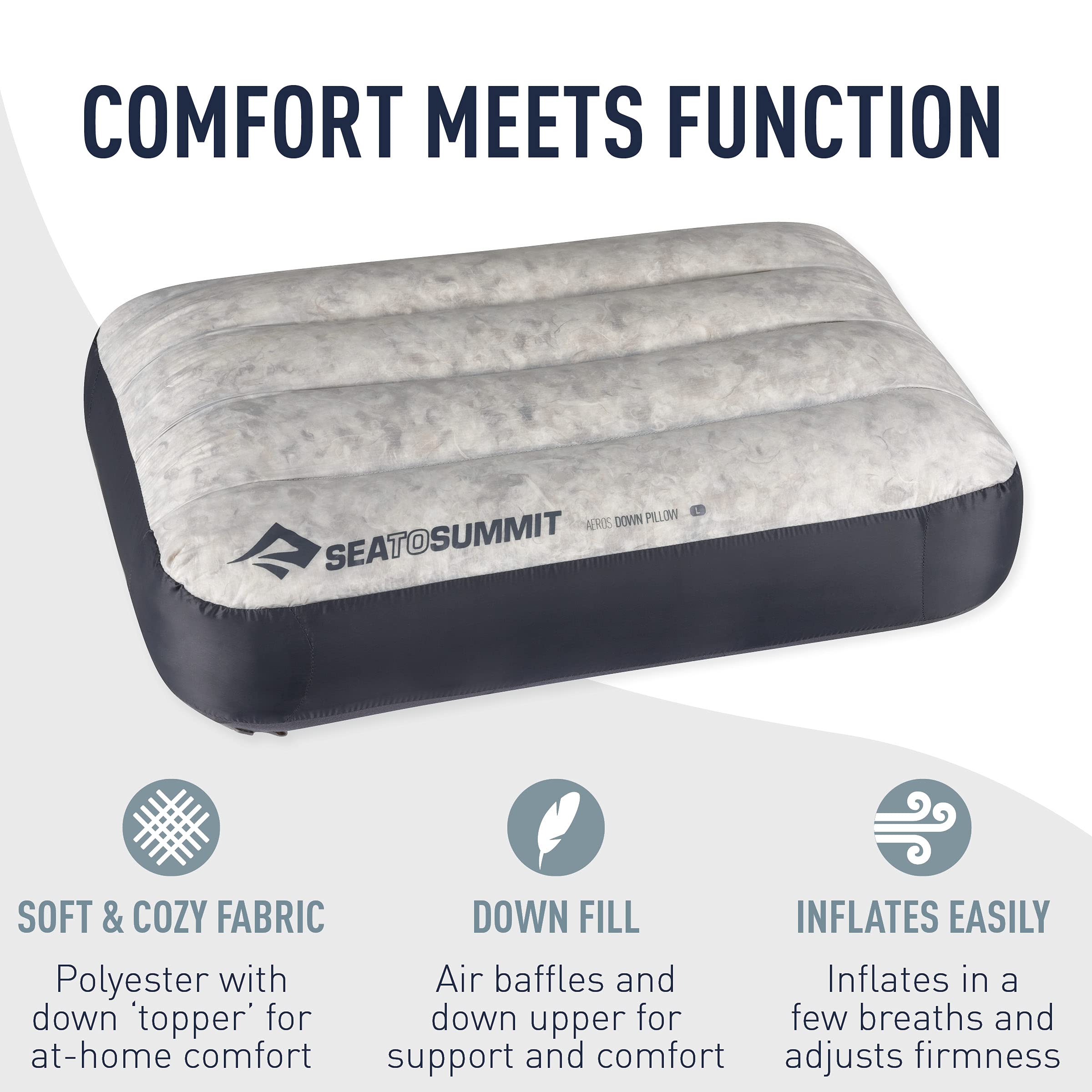 Sea to Summit Aeros Down Inflatable Pillow large packed size shows ultra-compact carry
