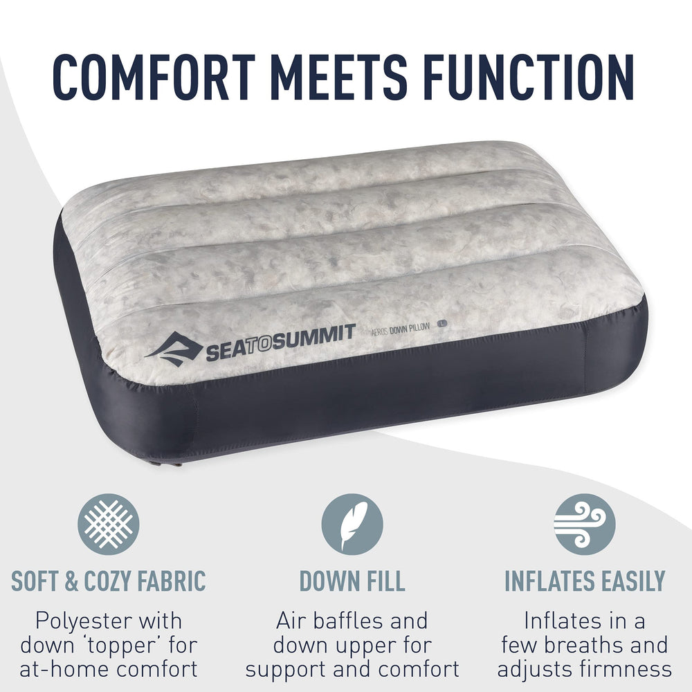 Sea to Summit Aeros Down Inflatable Pillow large packed size shows ultra-compact carry