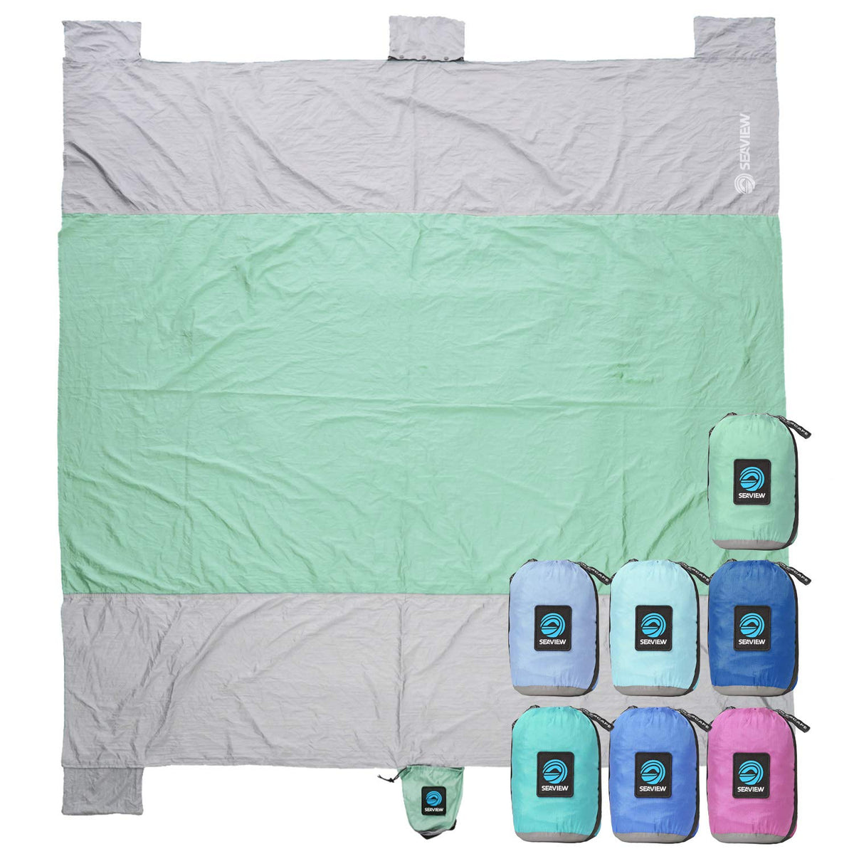 Seaview 180 beach blanket 6x7ft laid out on sand for a roomy family retreat.
