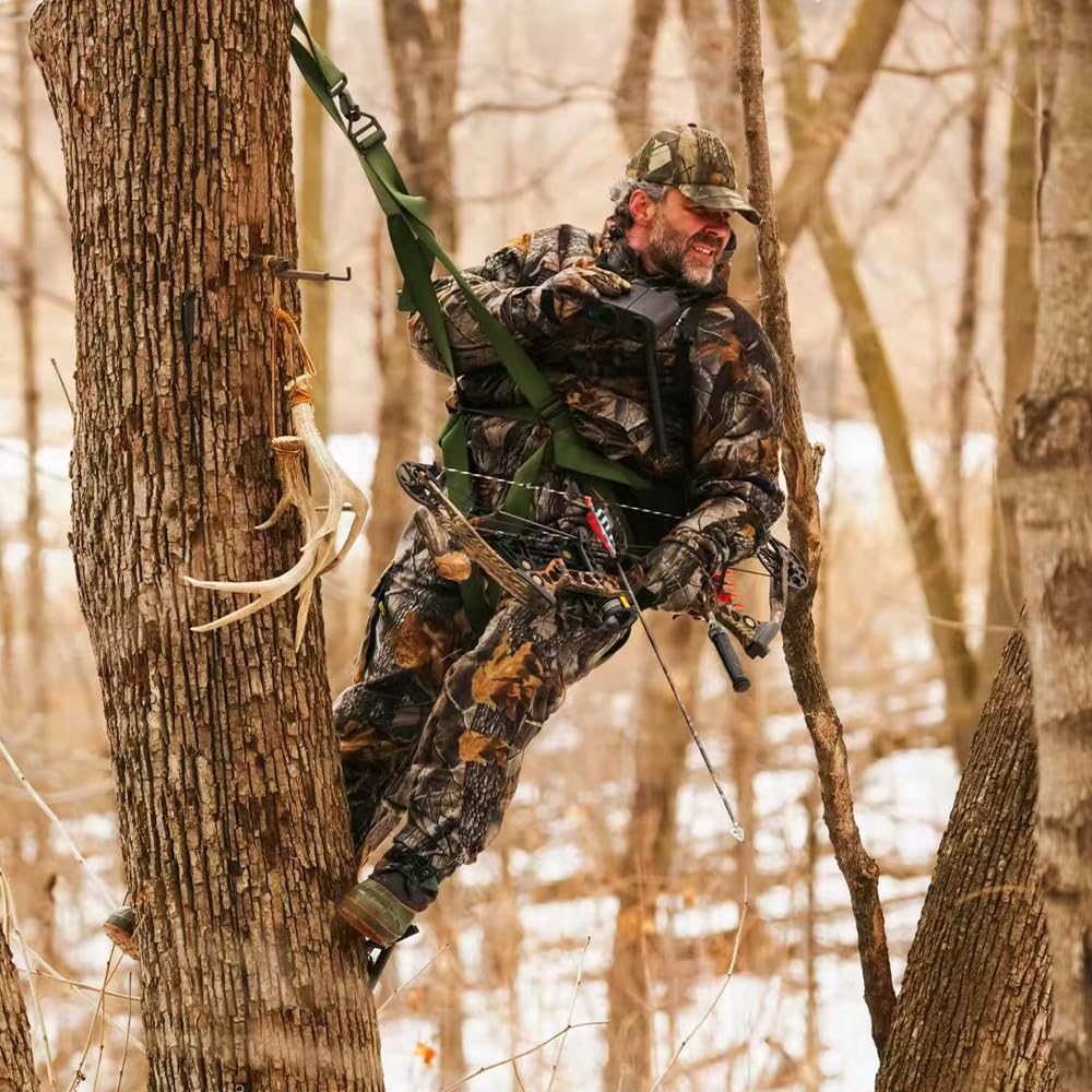 Sebnux dark gray tree saddle system blends into surroundings for discreet setups.