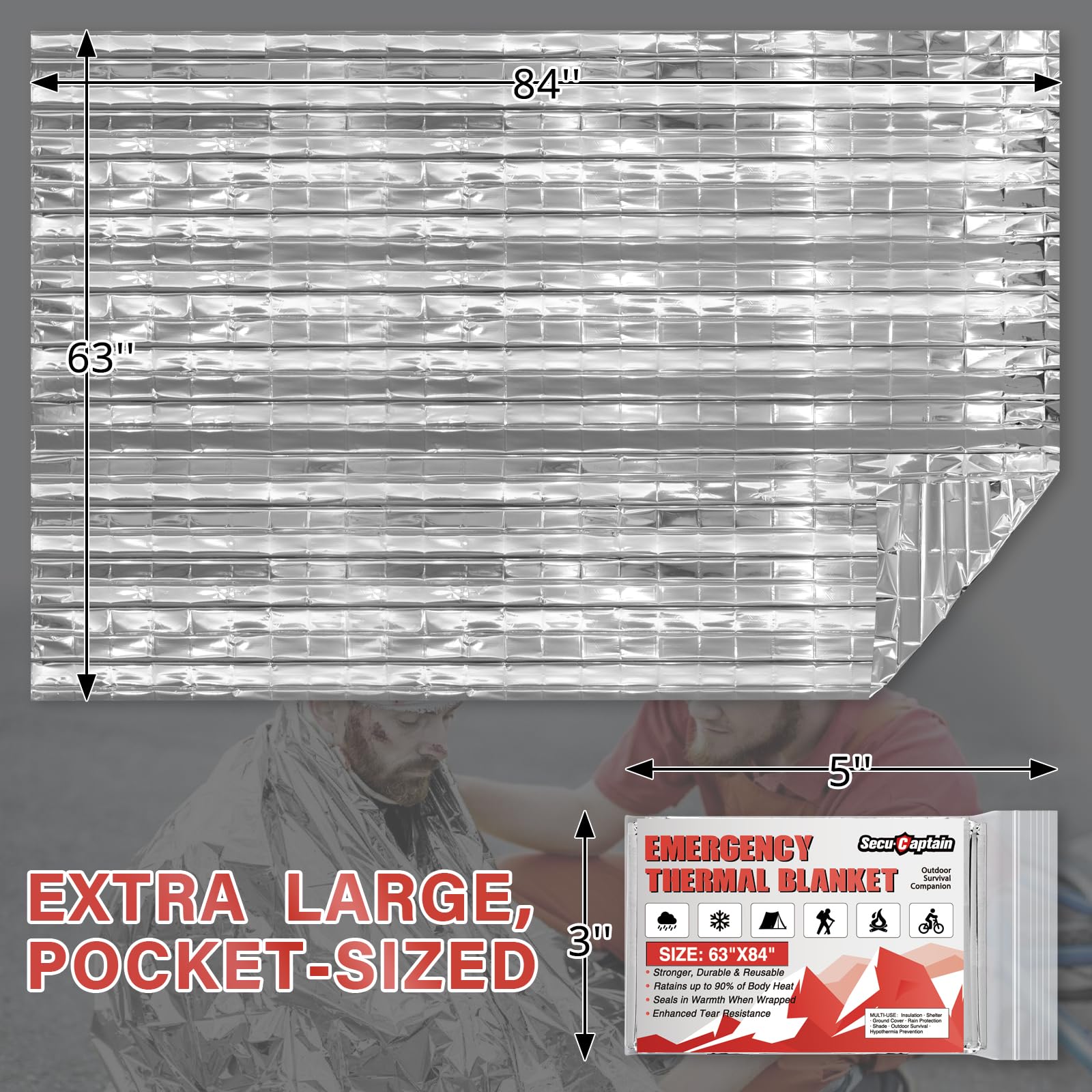 SecuCaptain survival thermal blanket in backpack-ready packaging for quick access
