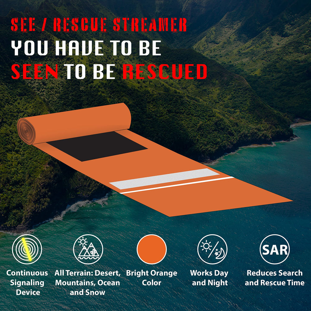 SEE/RESCUE Streamer deploys with one hand for quick signaling.