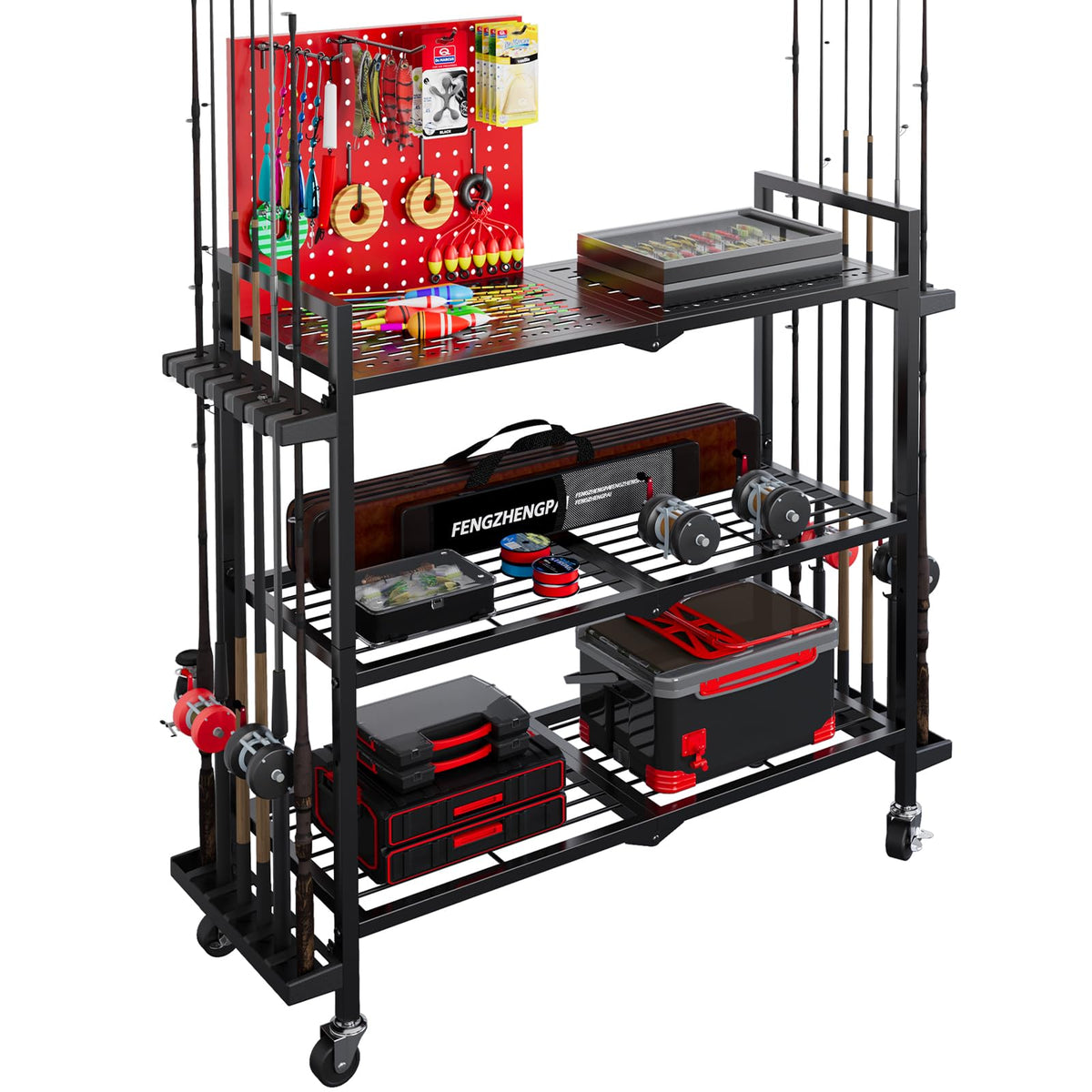SEEAHEAD 3-tier fishing rod rack with wheels and pegboard, side view
