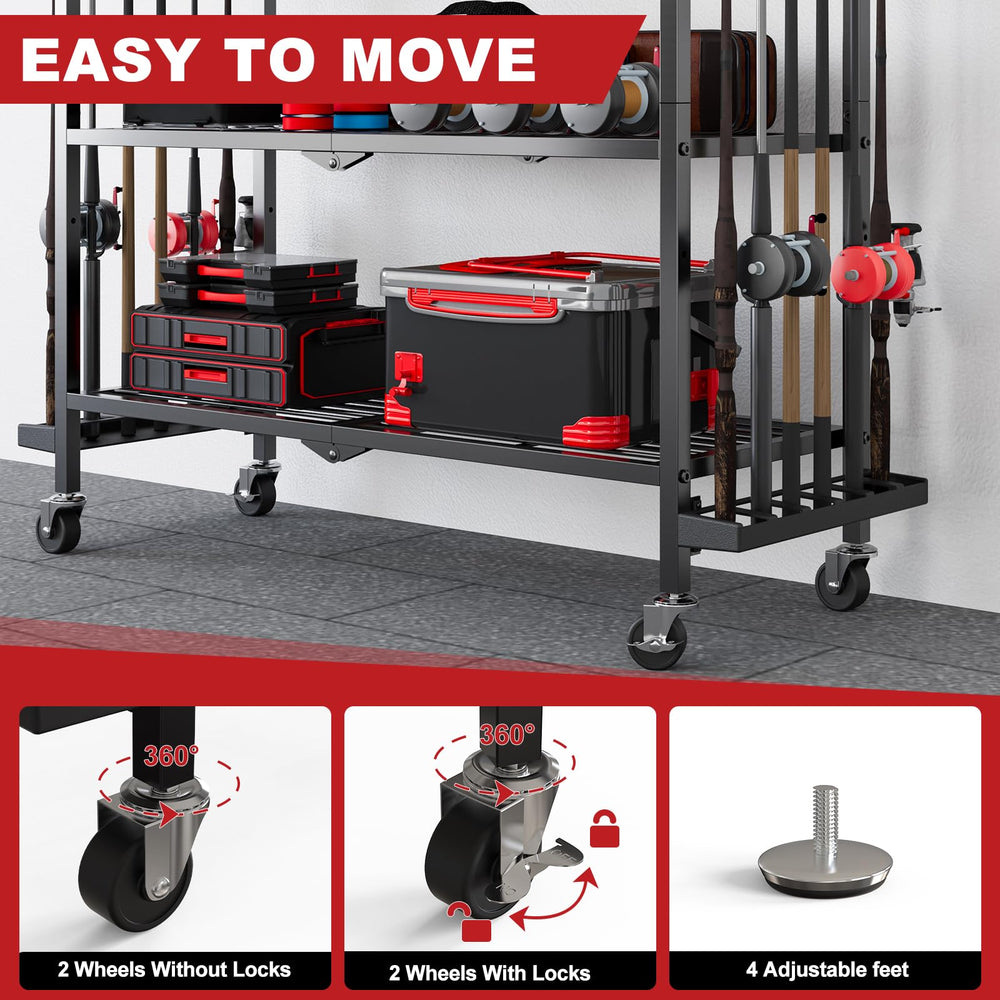 Locking wheels on SEEAHEAD fishing gear rack for stability
