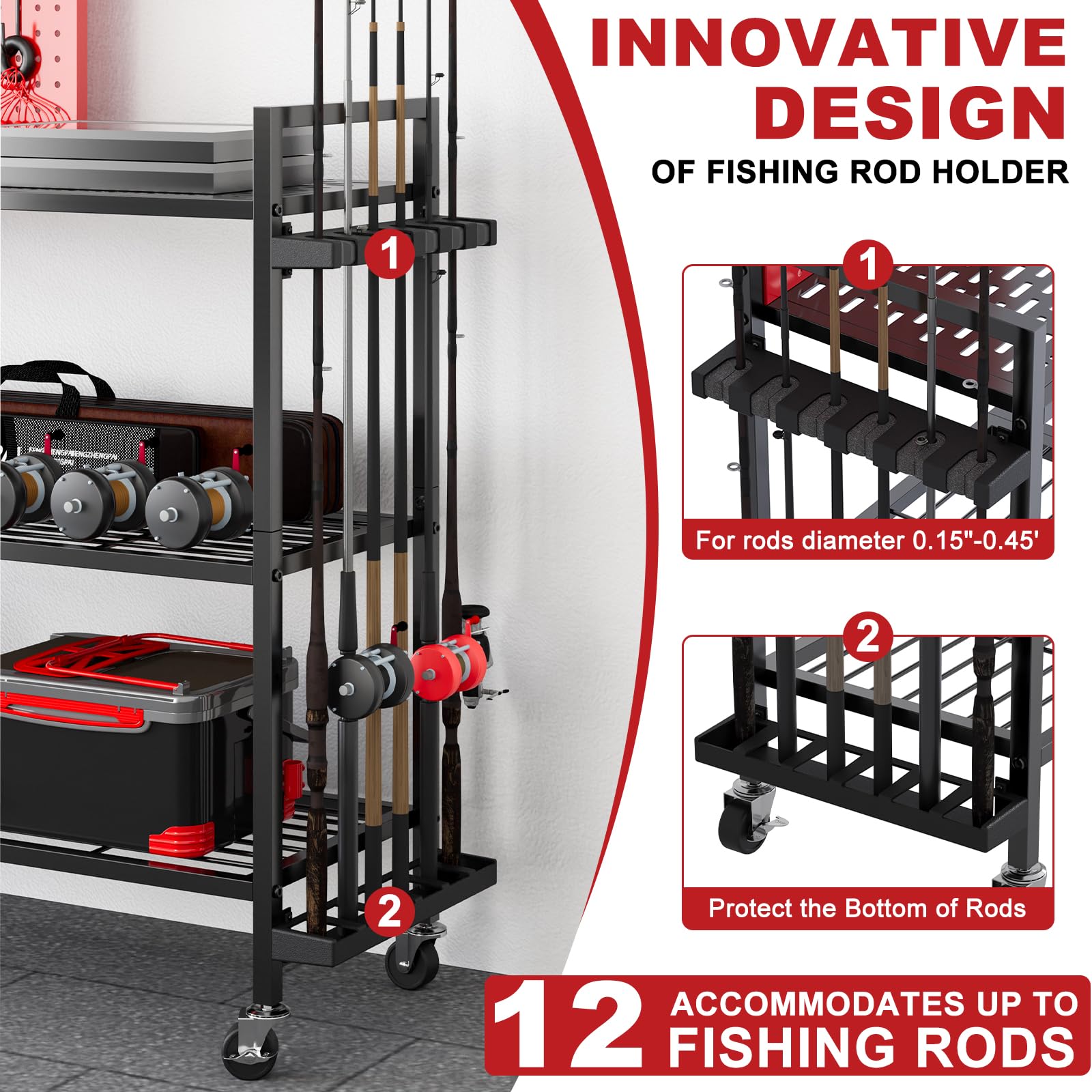 Mobile fishing rod rack with caster wheels