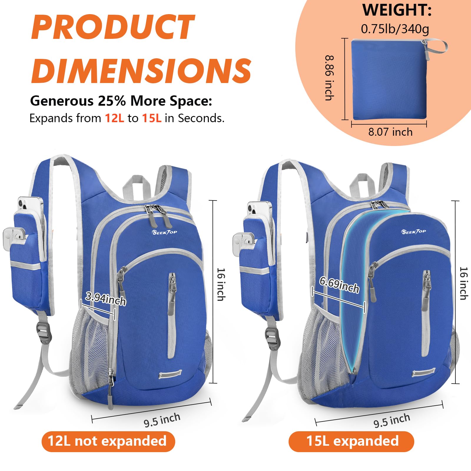 Seektop expandable backpack folds compact, ideal for travel storage.