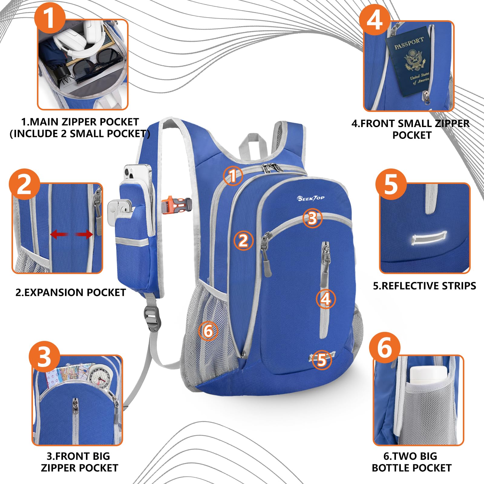 Seektop expandable backpack phone-pocket accessible on hikes and commutes.
