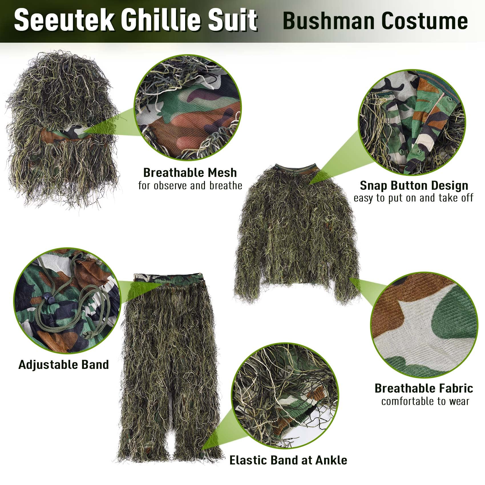 Seeutek ghillie suit jacket showcases 3D camouflage for comfortable, all-day field use.