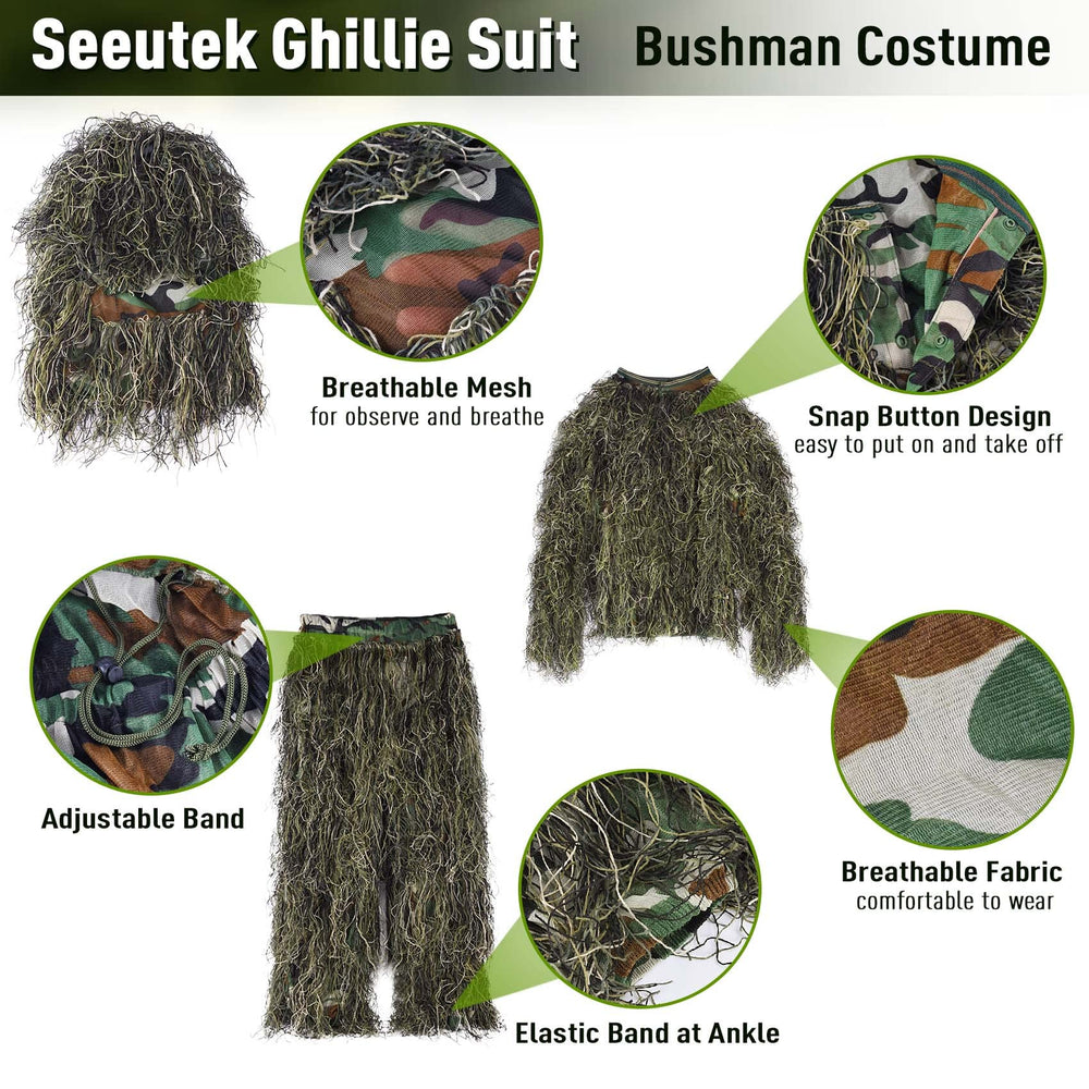 Seeutek ghillie suit jacket showcases 3D camouflage for comfortable, all-day field use.