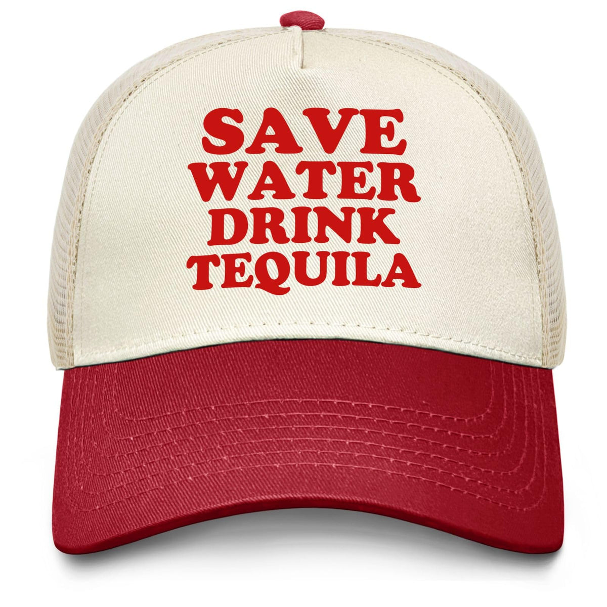 Sefgaen Save Water Drink Tequila trucker hat front view with retro denim style and unisex fit