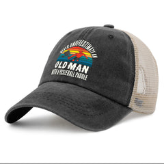 Sefgaen trucker hat Never Underestimate an Old Man design, vintage denim, adjustable fit